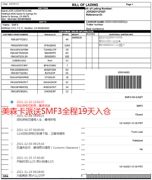 美森正班船卡派SMF3開(kāi)船后全程19天入倉(cāng)